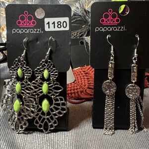 Paparazzi Silver Earrings with Lime Accents. Both pair 1 money.